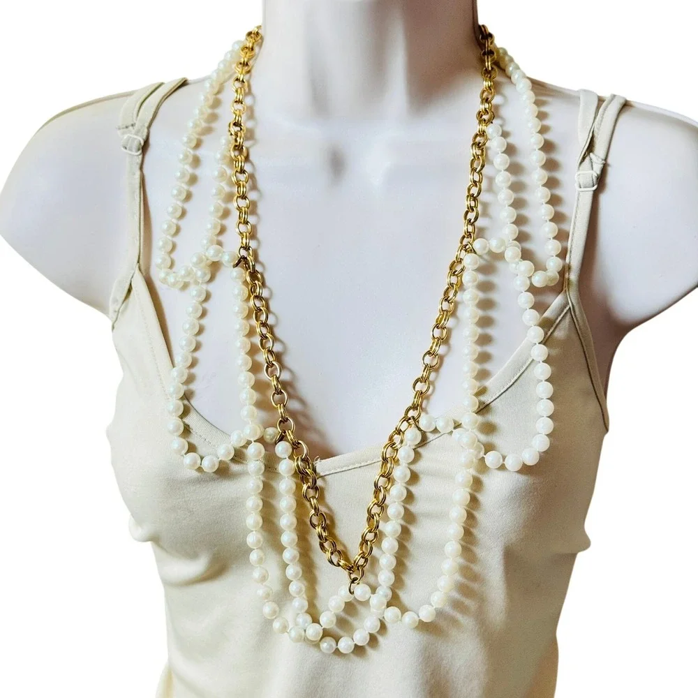 VTG Pearl Gold Tone Metal Chain Belt Necklace‎ Regal Statement Bold Chic 35
